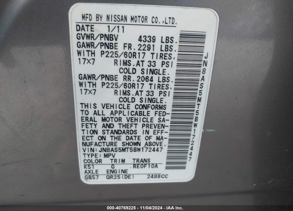 2011 NISSAN ROGUE SV VIN: JN8AS5MT5BW172447