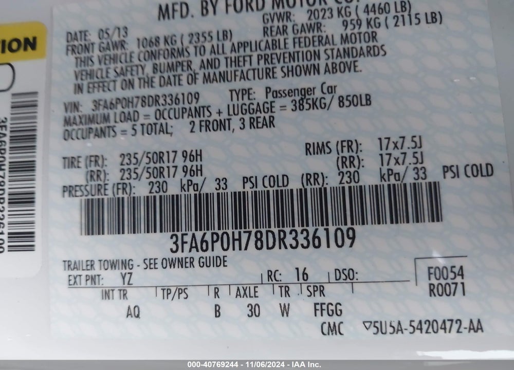 2013 FORD FUSION SE VIN: 3FA6P0H78DR336109