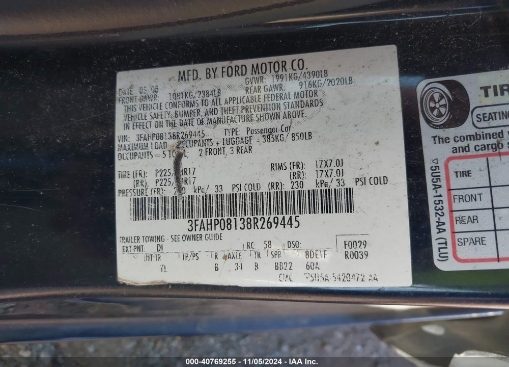 2008 FORD FUSION SEL VIN: 3FAHP08138R269445