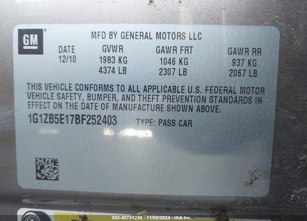 2011 CHEVROLET MALIBU LS VIN: 1G1ZB5E17BF252403