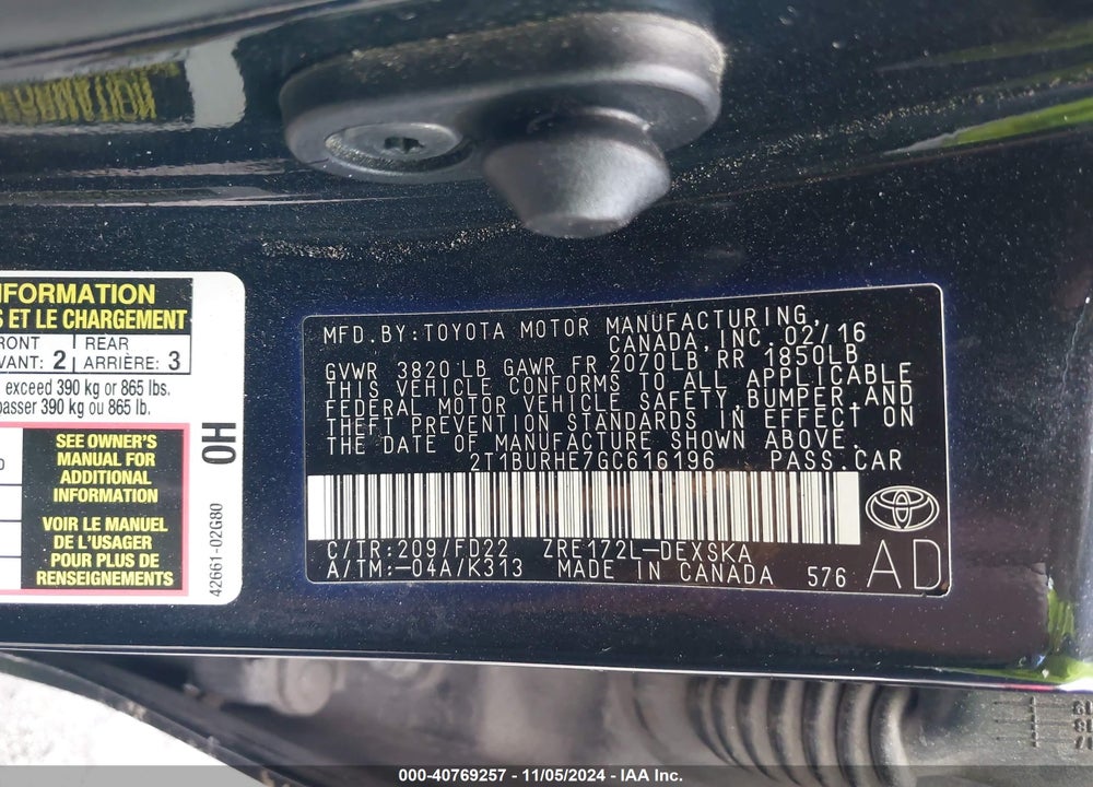 2016 TOYOTA COROLLA S PLUS VIN: 2T1BURHE7GC616196