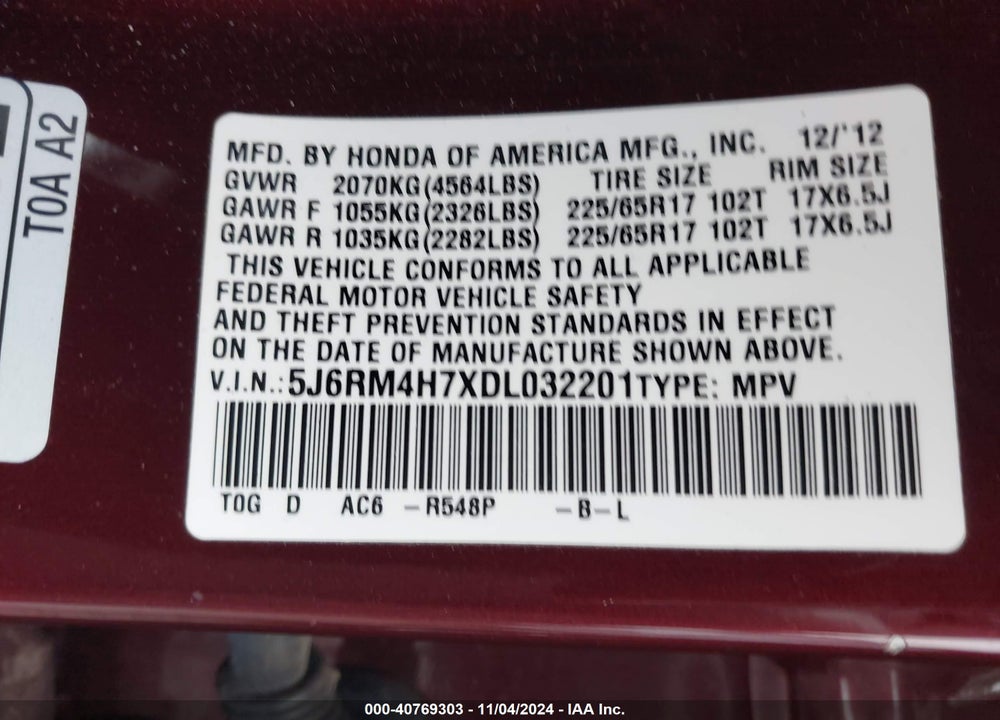 2013 HONDA CR-V EX-L VIN: 5J6RM4H7XDL032201