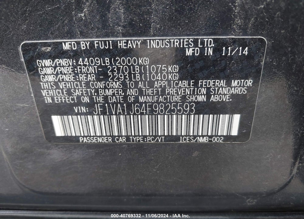 2015 SUBARU WRX LIMITED VIN: JF1VA1J64F9825593