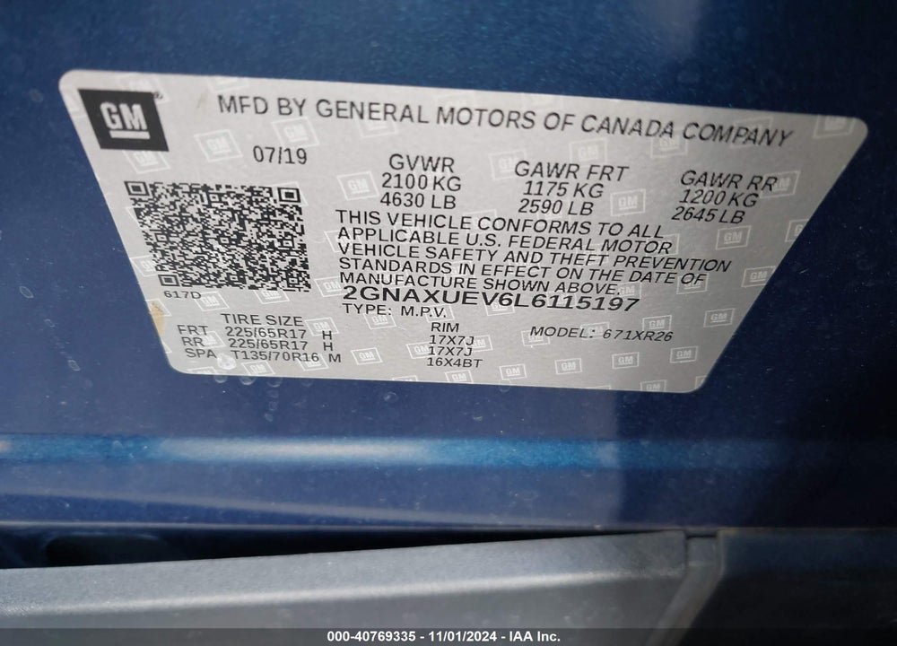 2020 CHEVROLET EQUINOX AWD LT 1.5L TURBO VIN: 2GNAXUEV6L6115197