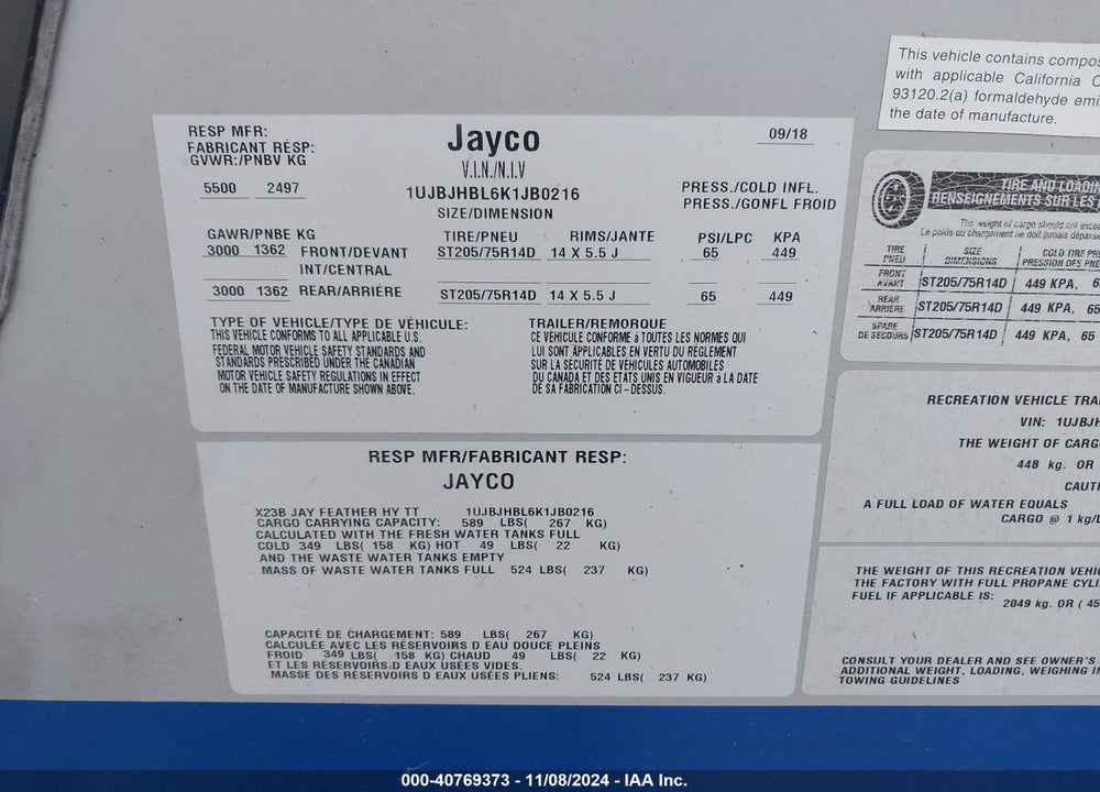 2019 OTHER JAYCO VIN: 1UJBJHBL6K1JB0216