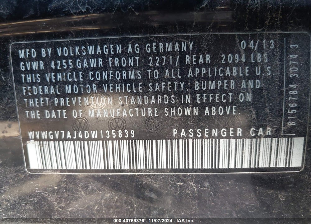 2013 VOLKSWAGEN GTI WOLFSBURG EDITION VIN: WVWGV7AJ4DW135839