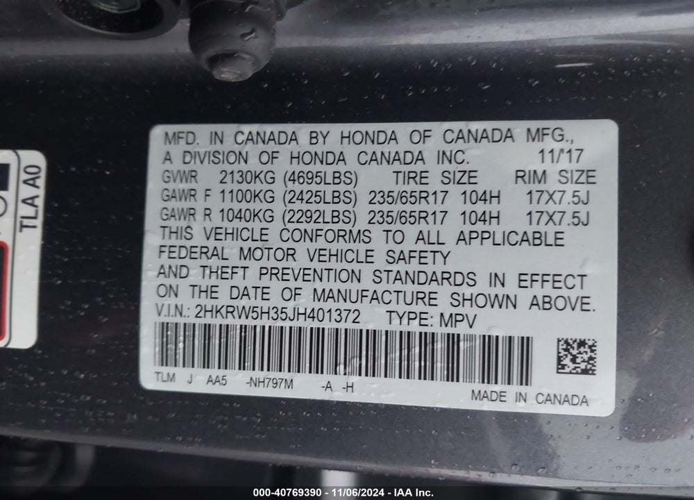 2018 HONDA CR-V LX VIN: 2HKRW5H35JH401372