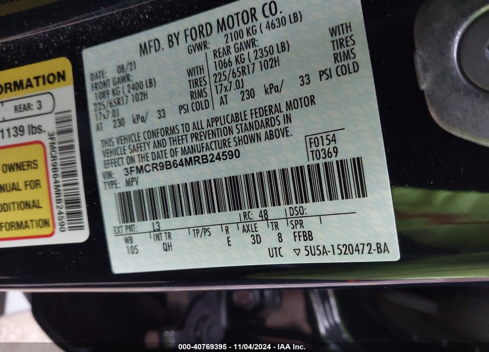 2021 FORD BRONCO SPORT BIG BEND VIN: 3FMCR9B64MRB24590