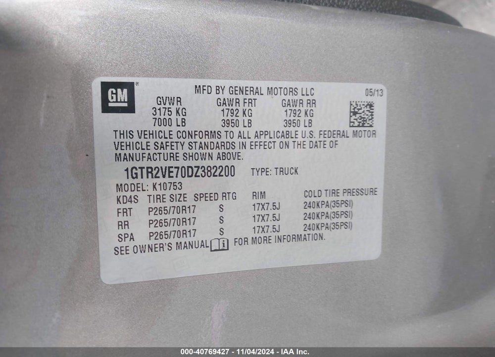 2013 GMC SIERRA 1500 SLE VIN: 1GTR2VE70DZ382200