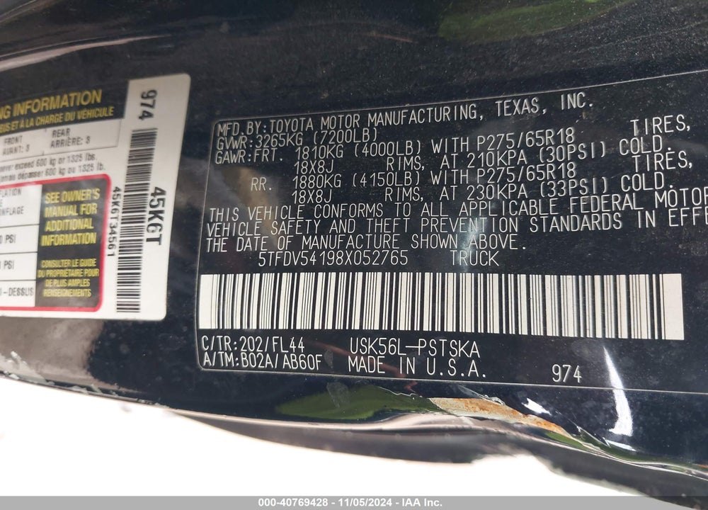2008 TOYOTA TUNDRA BASE 5.7L V8 VIN: 5TFDV54198X052765