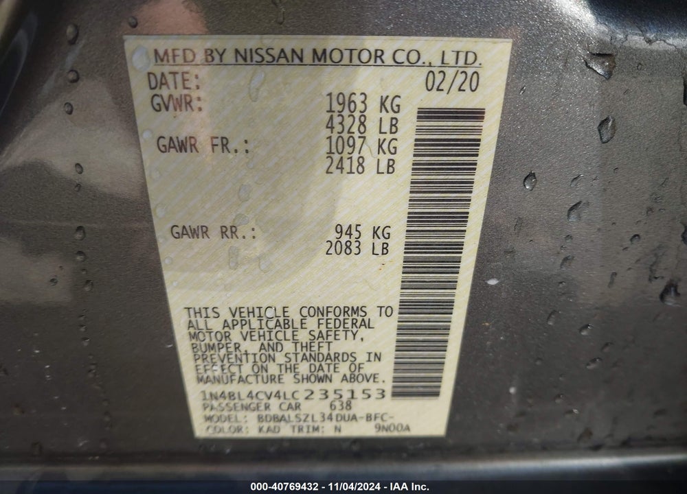 2020 NISSAN ALTIMA SR FWD VIN: 1N4BL4CV4LC235153