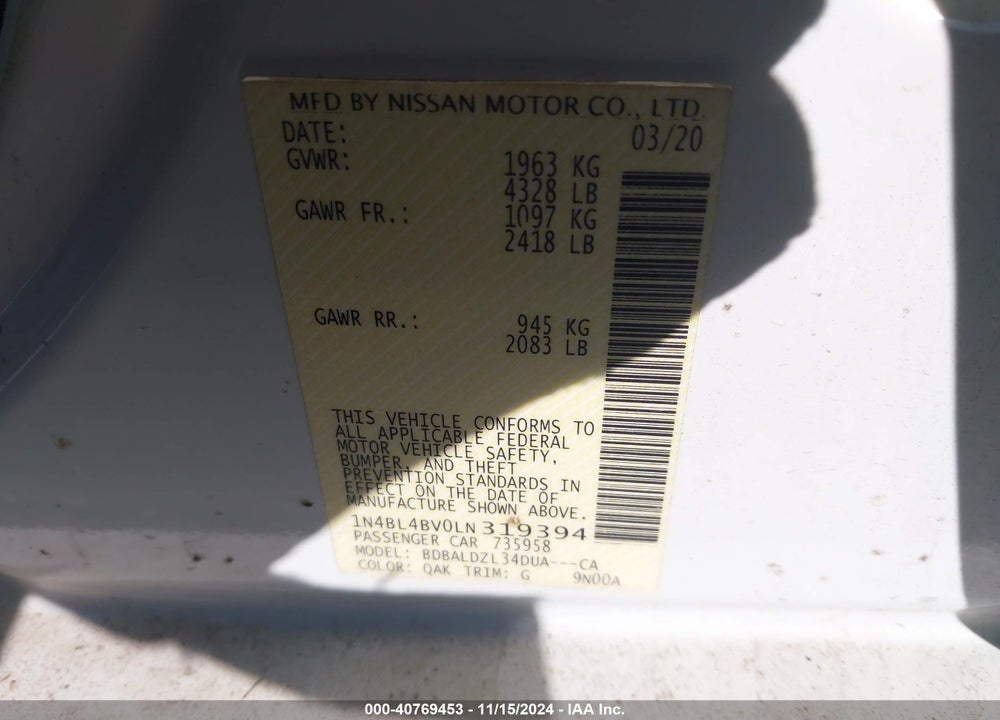 2020 NISSAN ALTIMA S FWD VIN: 1N4BL4BV0LN319394