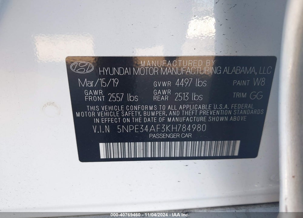 2019 HYUNDAI SONATA SEL VIN: 5NPE34AF3KH784980