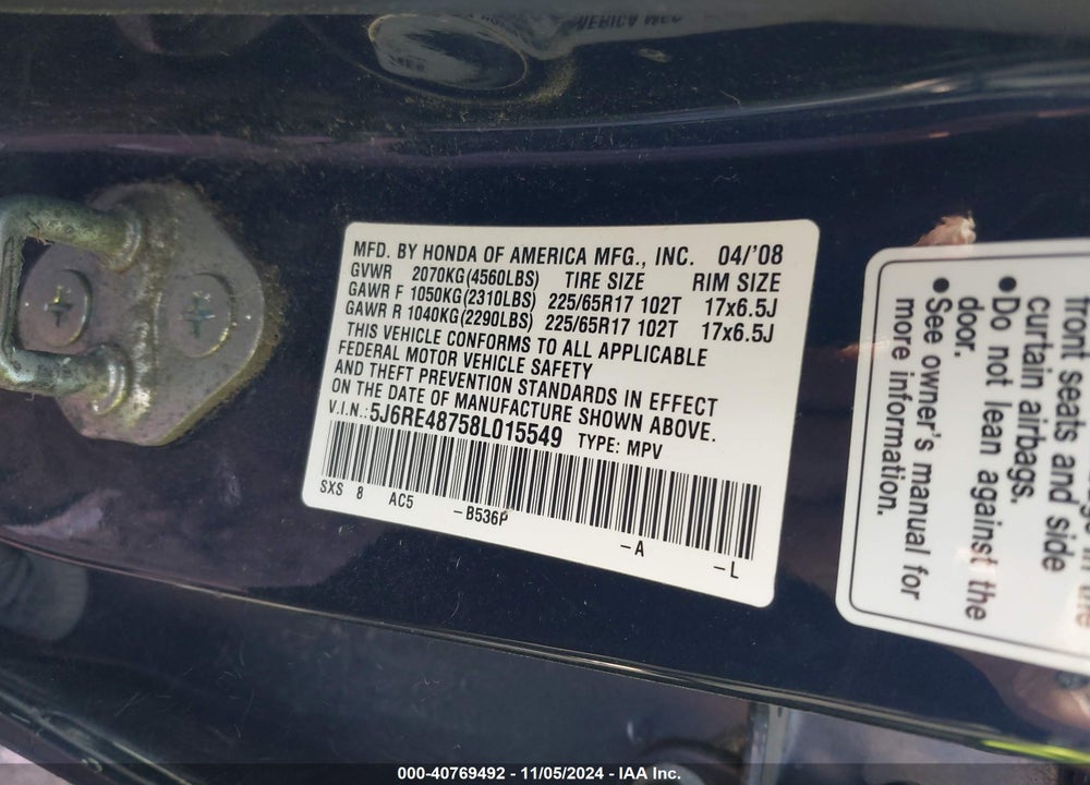 2008 HONDA CR-V EX-L VIN: 5J6RE48758L015549