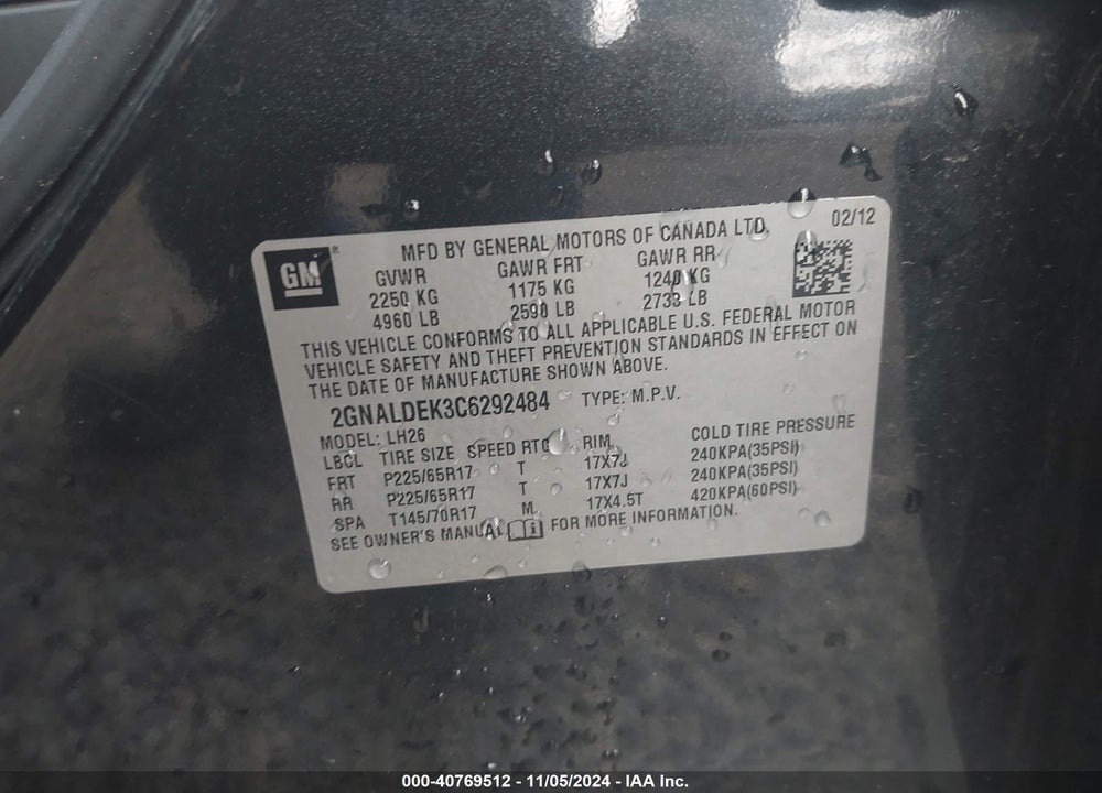 2012 CHEVROLET EQUINOX 1LT VIN: 2GNALDEK3C6292484