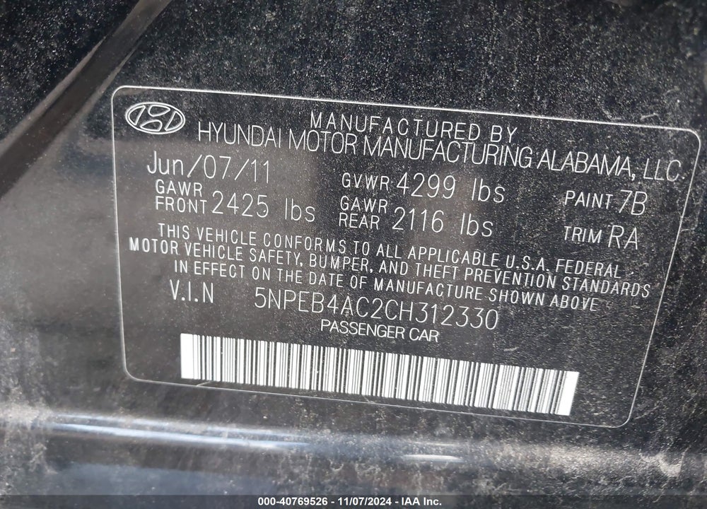 2012 HYUNDAI SONATA GLS VIN: 5NPEB4AC2CH312330
