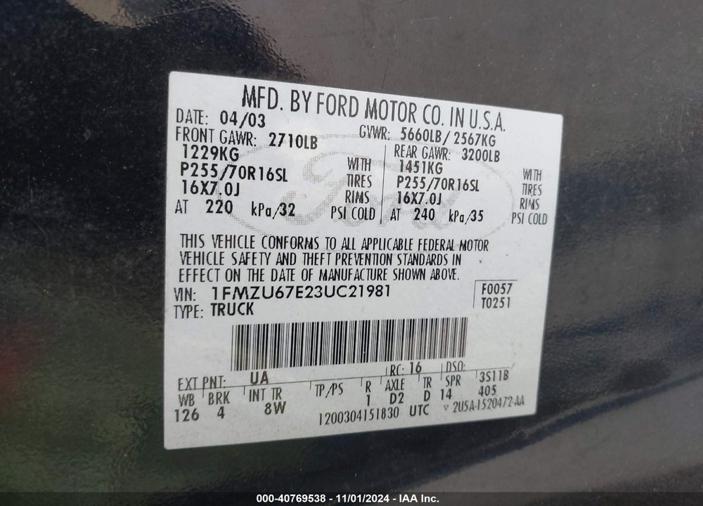 2003 FORD EXPLORER SPORT TRAC VIN: 1FMZU67E23UC21981