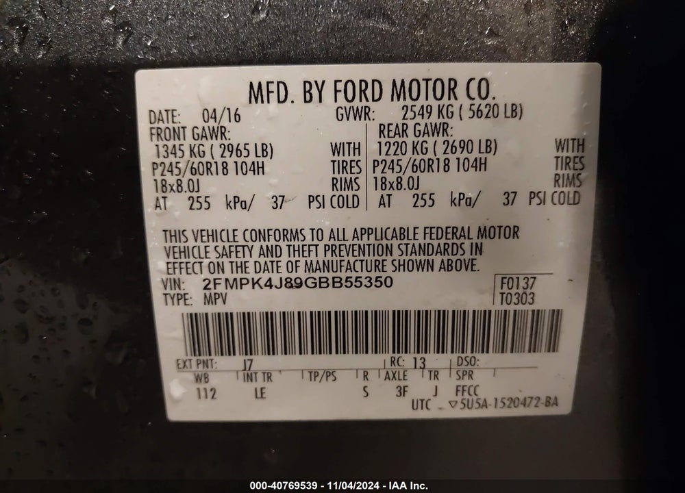 2016 FORD EDGE SEL VIN: 2FMPK4J89GBB55350