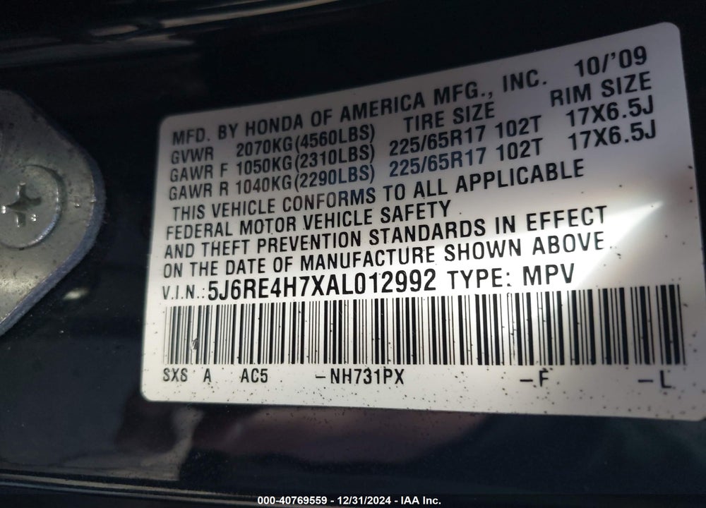 2010 HONDA CR-V EX-L VIN: 5J6RE4H7XAL012992