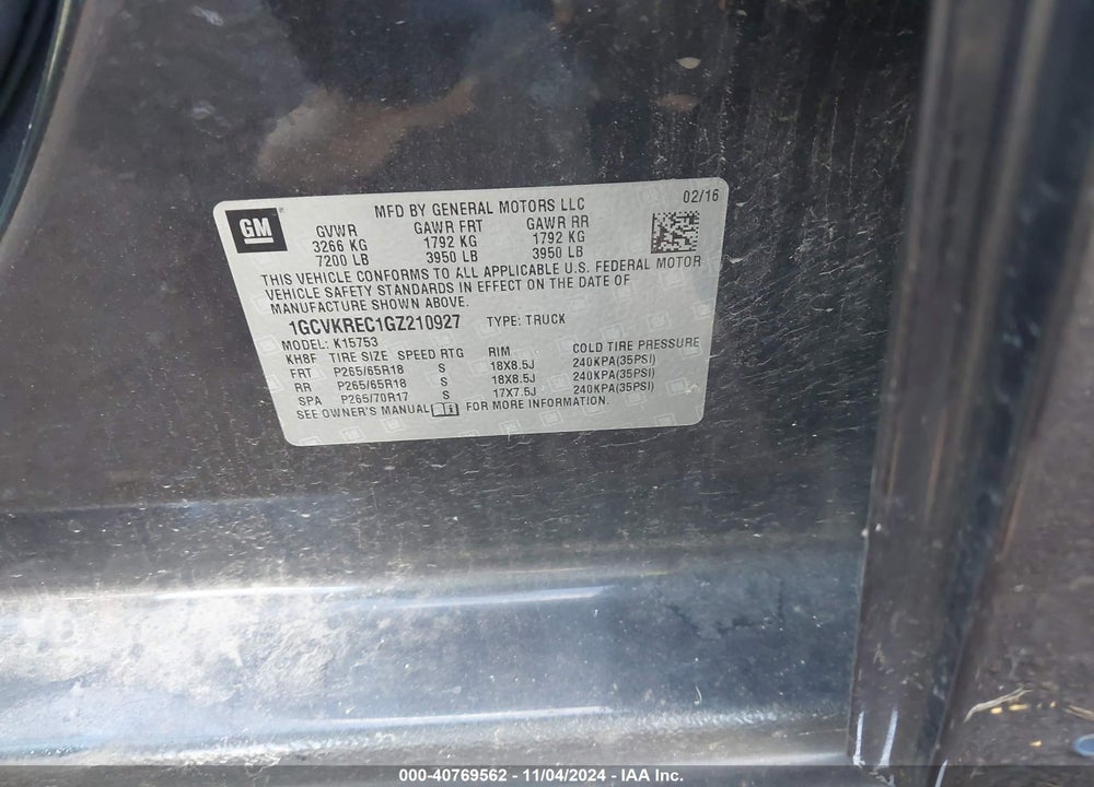 2016 CHEVROLET SILVERADO 1500 2LT VIN: 1GCVKREC1GZ210927