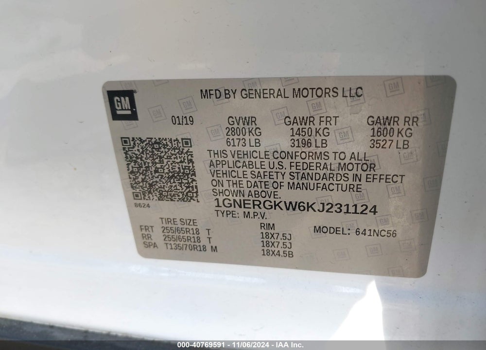 2019 CHEVROLET TRAVERSE 1LT VIN: 1GNERGKW6KJ231124