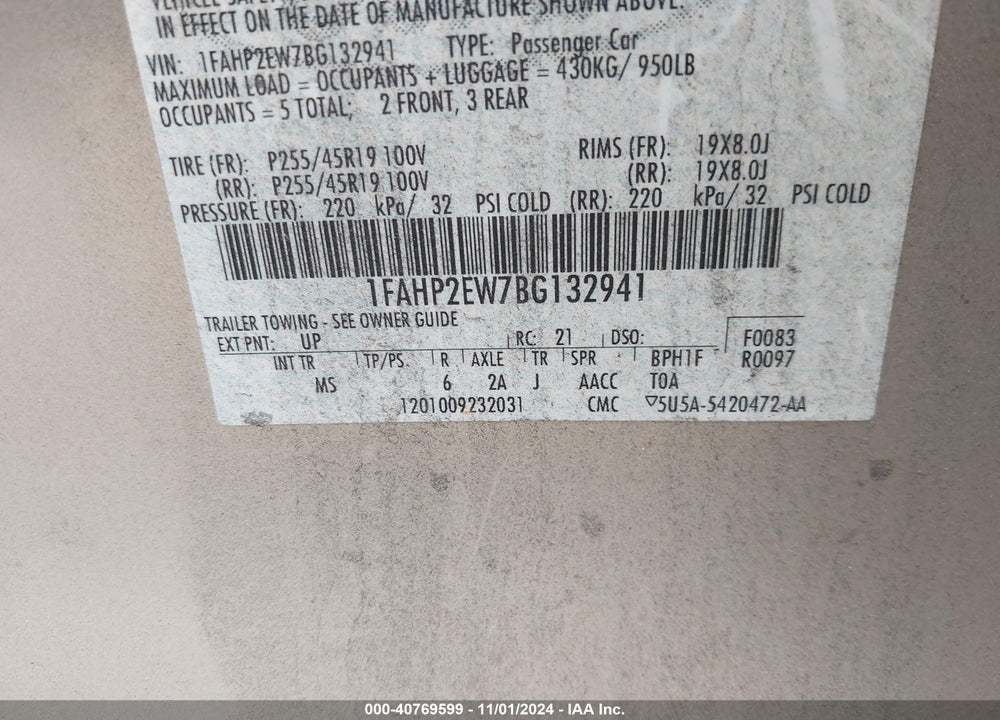 2011 FORD TAURUS SEL VIN: 1FAHP2EW7BG132941