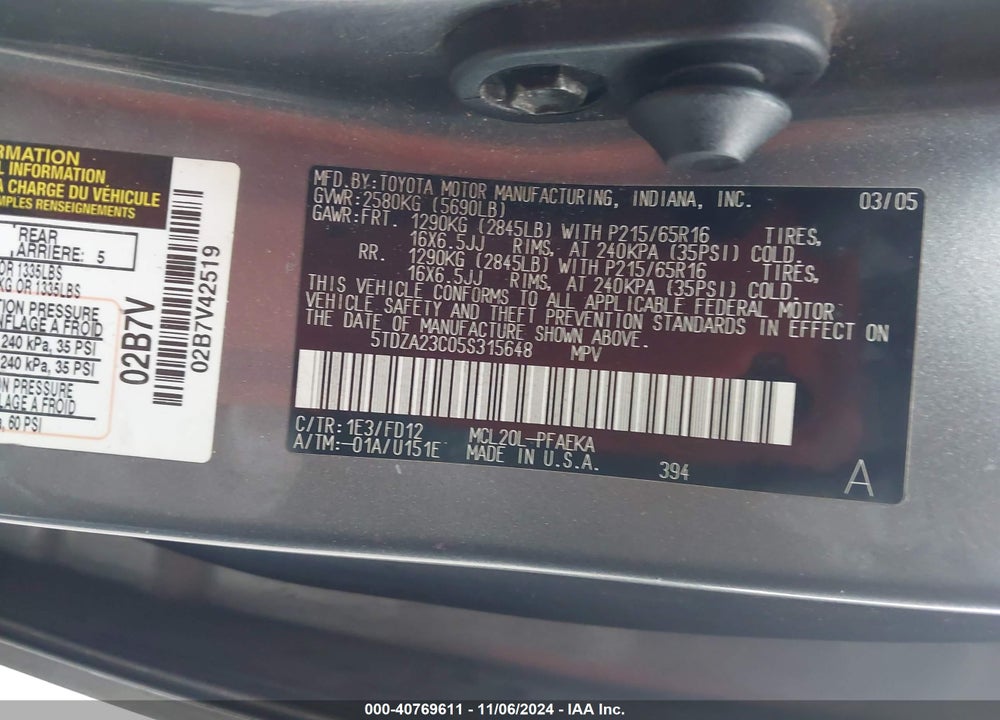 2005 TOYOTA SIENNA CE VIN: 5TDZA23C05S315648