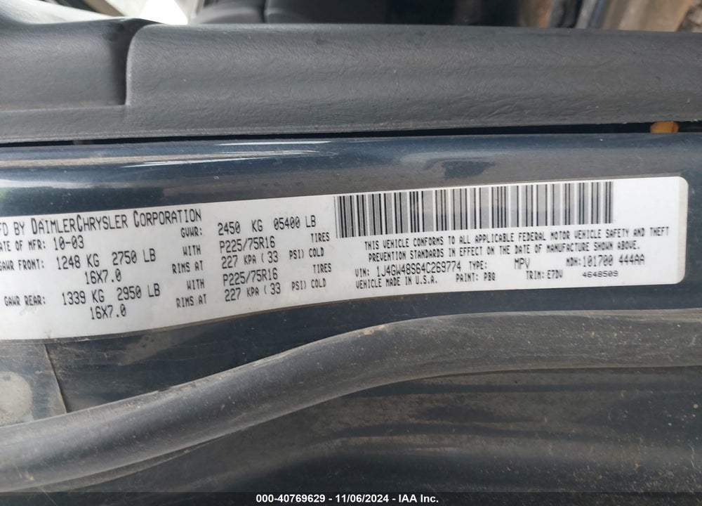 2004 JEEP GRAND CHEROKEE LAREDO VIN: 1J4GW48S64C269774