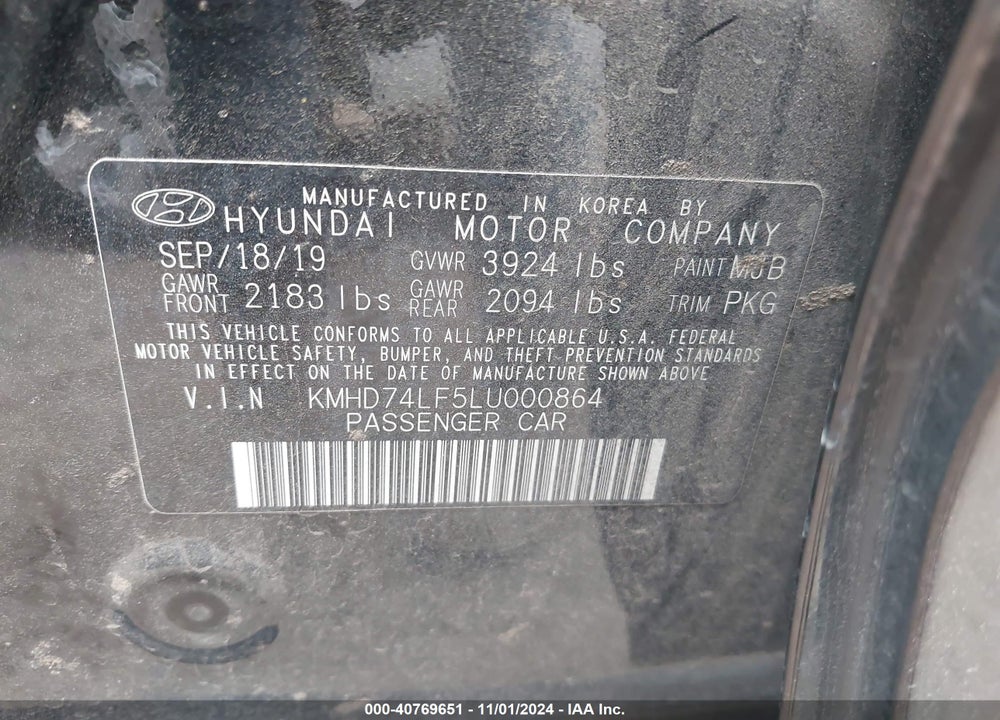2020 HYUNDAI ELANTRA SE VIN: KMHD74LF5LU000864