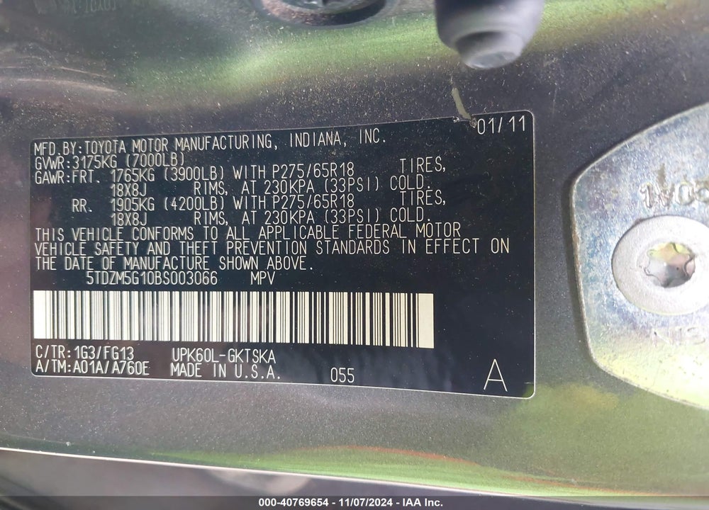 2011 TOYOTA SEQUOIA SR5 4.6L V8 VIN: 5TDZM5G10BS003066