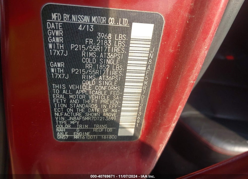2013 NISSAN JUKE VIN: JN8AF5MR7DT213691