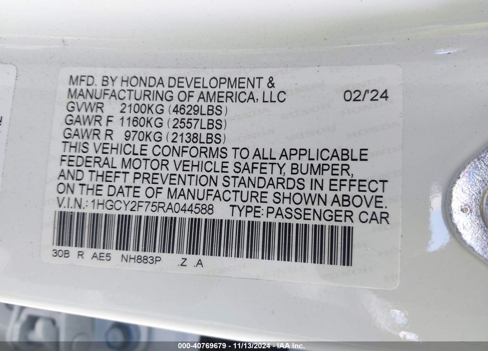2024 HONDA ACCORD VIN: 1HGCY2F75RA044588