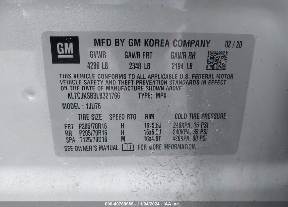 2020 CHEVROLET TRAX FWD LS VIN: KL7CJKSB3LB321766