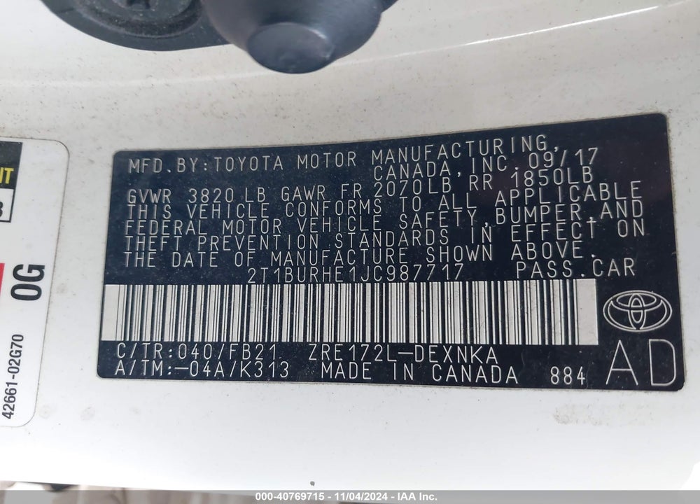 2018 TOYOTA COROLLA LE VIN: 2T1BURHE1JC987717