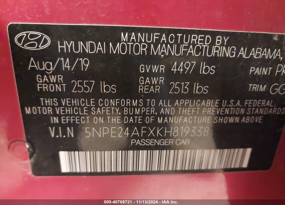 2019 HYUNDAI SONATA SE VIN: 5NPE24AFXKH819338
