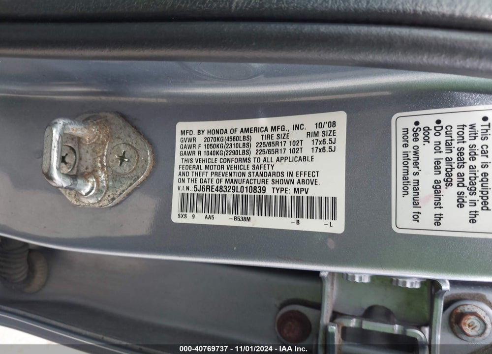2009 HONDA CR-V LX VIN: 5J6RE48329L010839