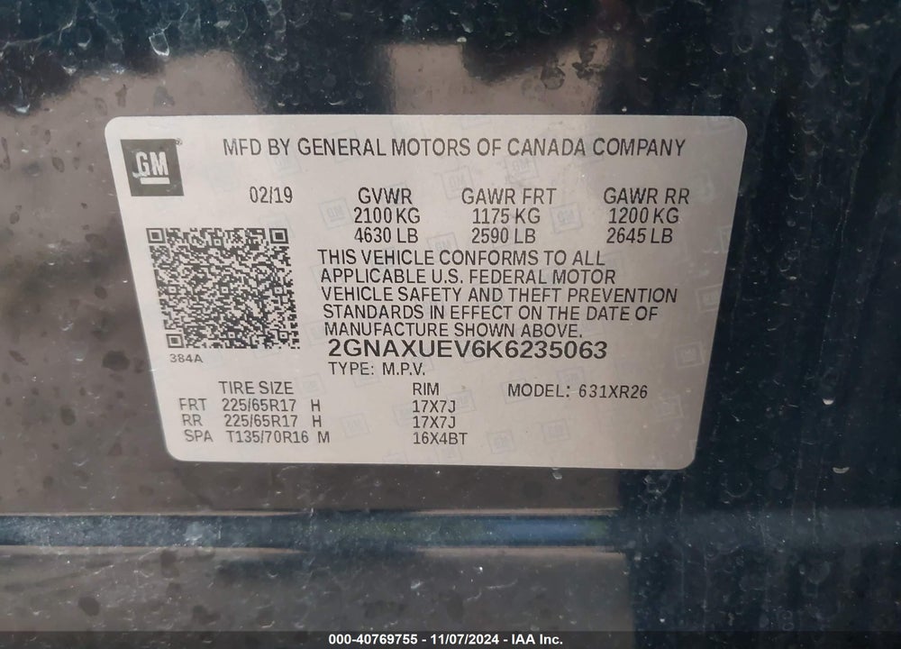 2019 CHEVROLET EQUINOX LT VIN: 2GNAXUEV6K6235063