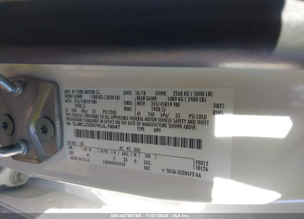 2019 LINCOLN MKC RESERVE VIN: 5LMCJ3D97KUL19047