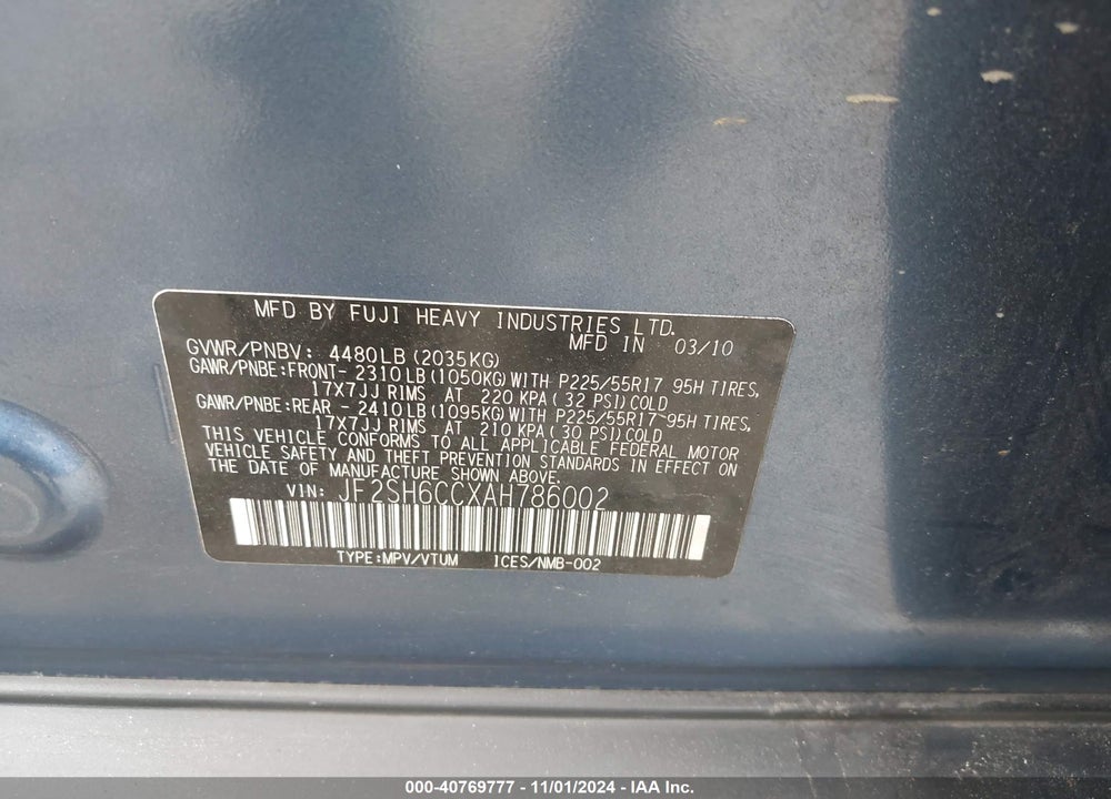 2010 SUBARU FORESTER 2.5X PREMIUM VIN: JF2SH6CCXAH786002
