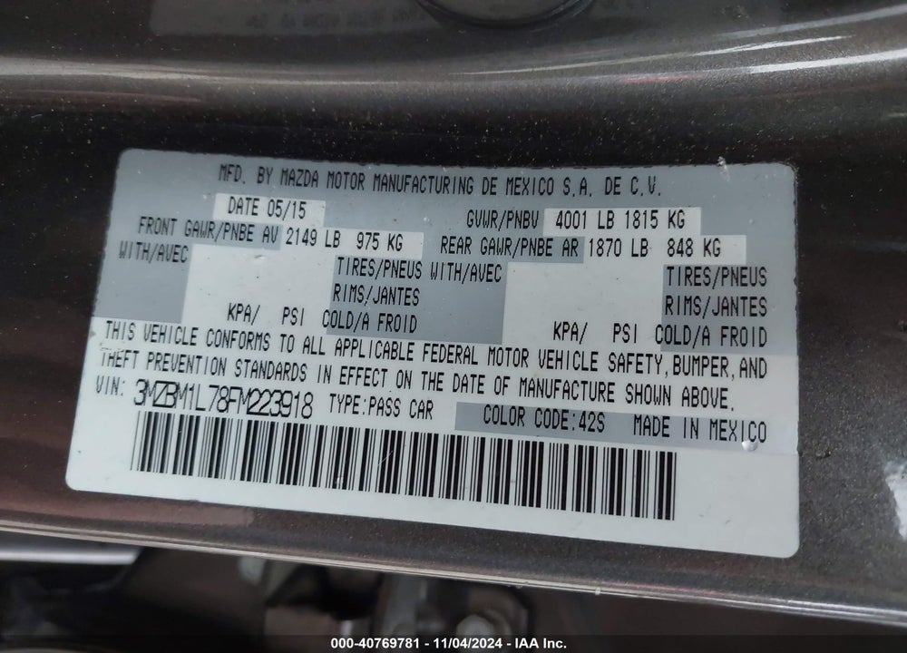 2015 MAZDA 3 I TOURING VIN: 3MZBM1L78FM223918