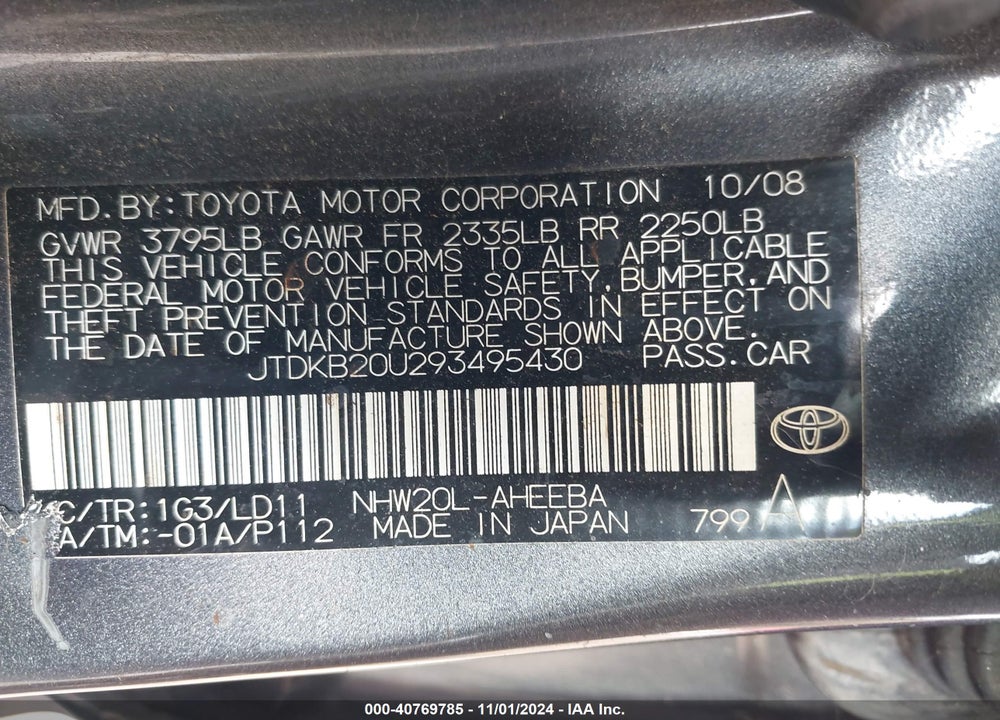 2009 TOYOTA PRIUS VIN: JTDKB20U293495430