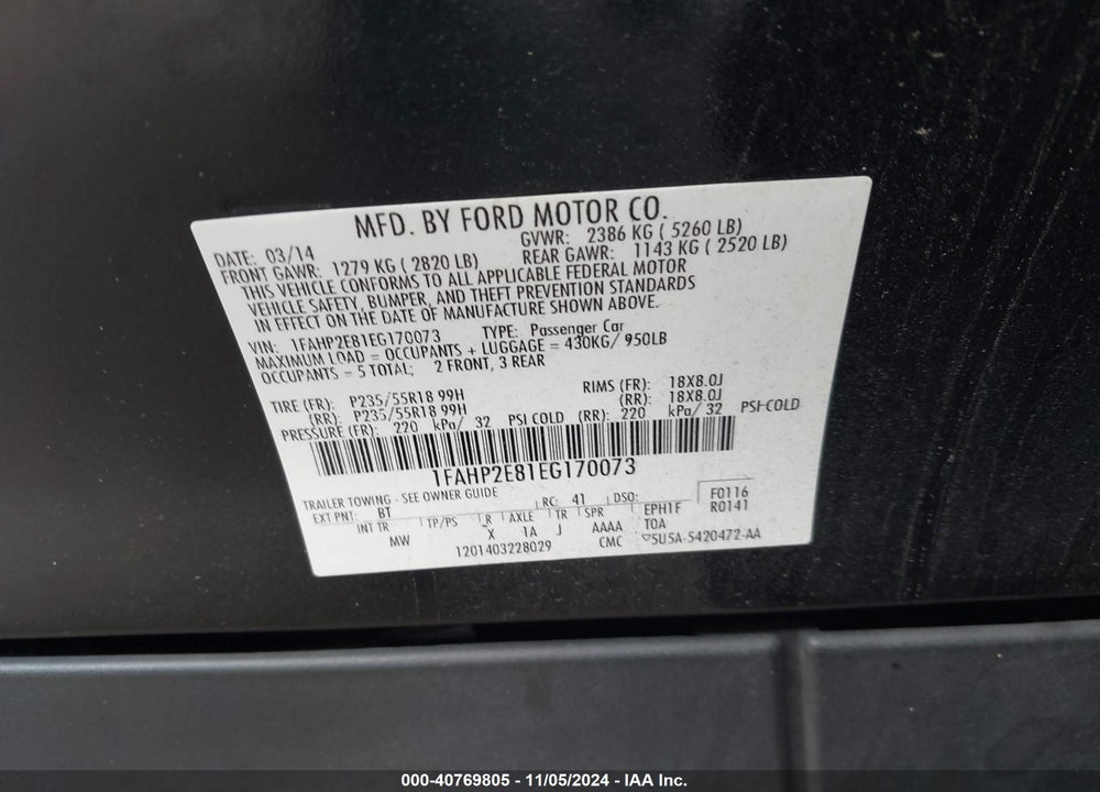 2014 FORD TAURUS SEL VIN: 1FAHP2E81EG170073