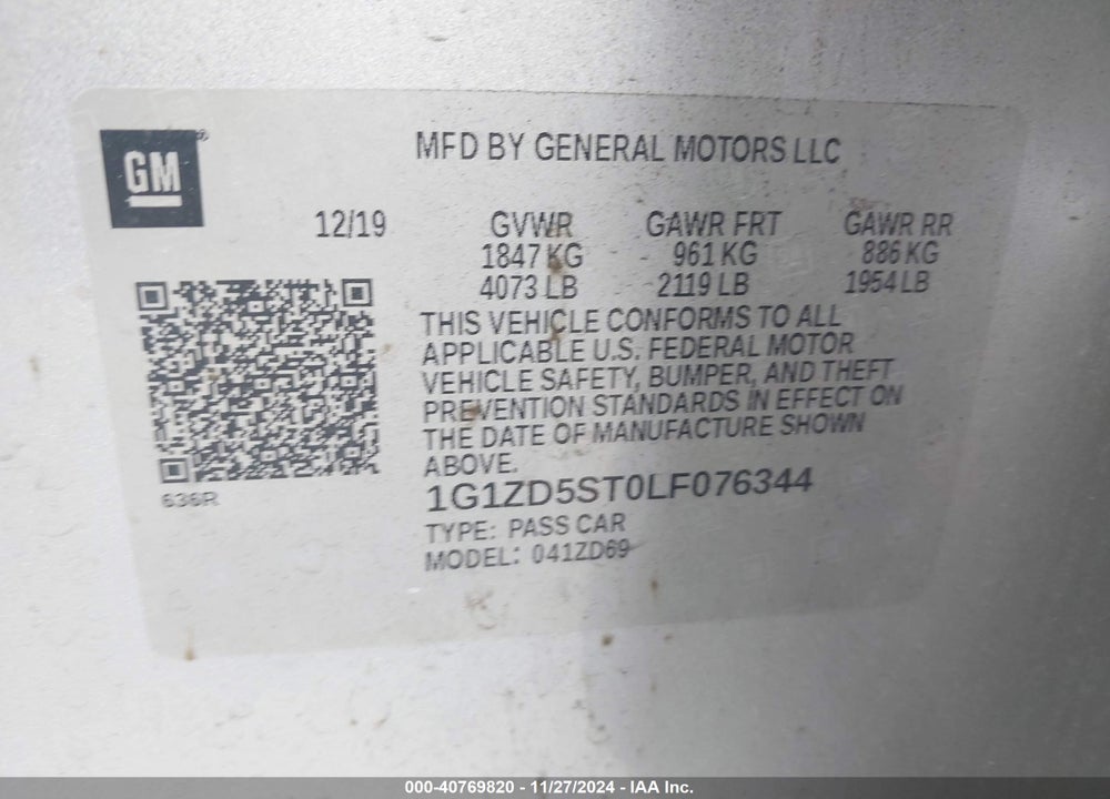 2020 CHEVROLET MALIBU FWD LT VIN: 1G1ZD5ST0LF076344