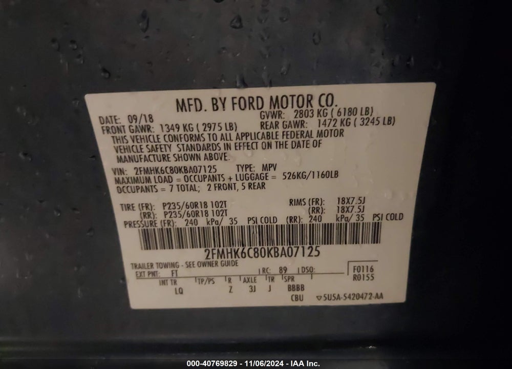 2019 FORD FLEX SEL VIN: 2FMHK6C80KBA07125