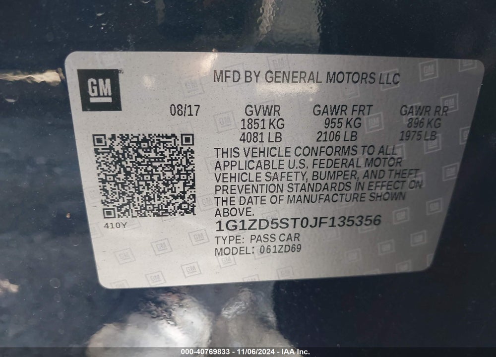 2018 CHEVROLET MALIBU LT VIN: 1G1ZD5ST0JF135356
