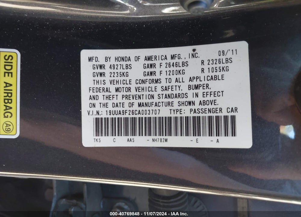 2012 ACURA TL 3.7 VIN: 19UUA9F26CA003707
