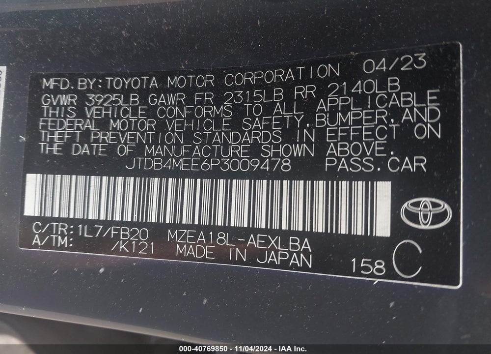 2023 TOYOTA COROLLA LE VIN: JTDB4MEE6P3009478