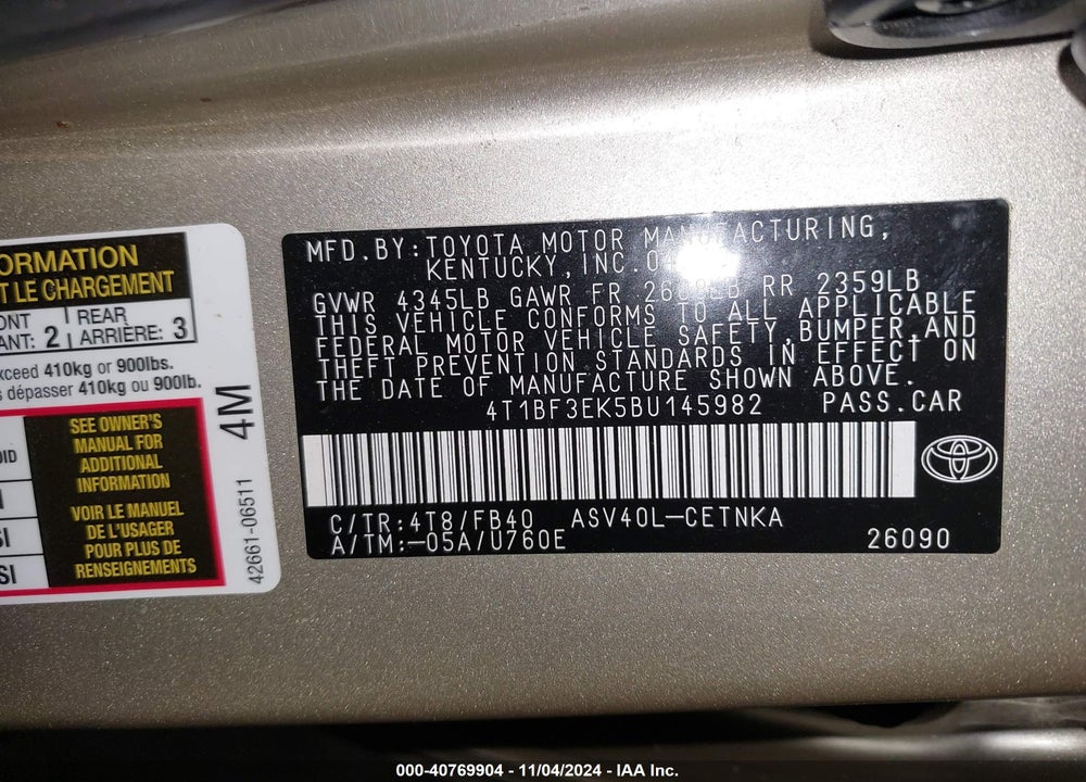 2011 TOYOTA CAMRY LE VIN: 4T1BF3EK5BU145982