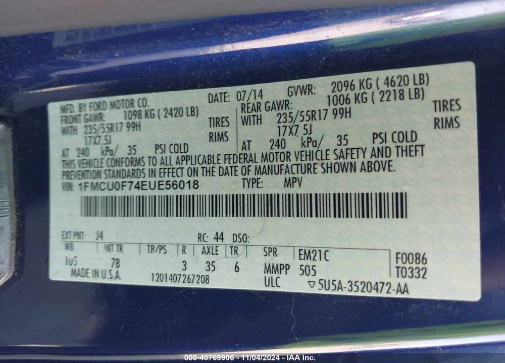 2014 FORD ESCAPE S VIN: 1FMCU0F74EUE56018