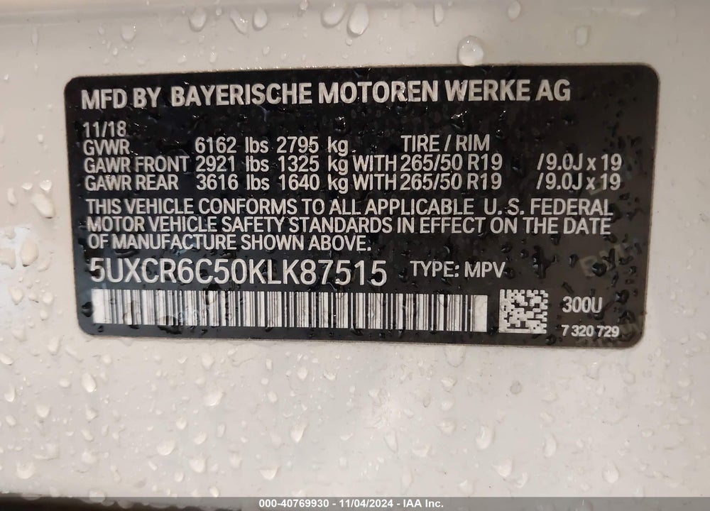2019 BMW X5 XDRIVE40I VIN: 5UXCR6C50KLK87515